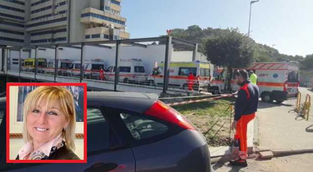 La fila di ambulanze all'esterno del Brotzu e, nel riquadro, Agnese Foddis 