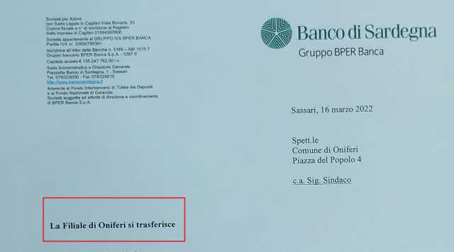 Le lettera del Banco di Sardegna 