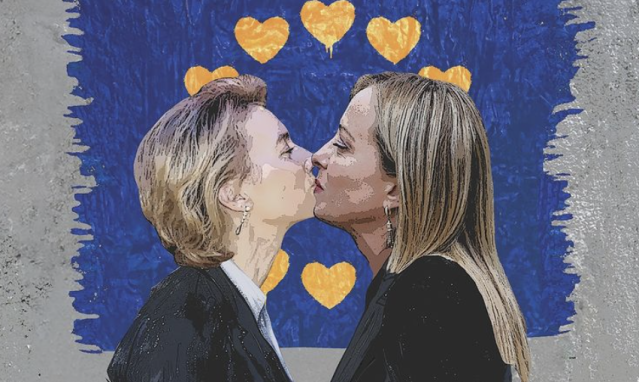 Il bacio tra Von der Leyen e Giorgia Meloni: ecco l'ultimo murale di TvBoy