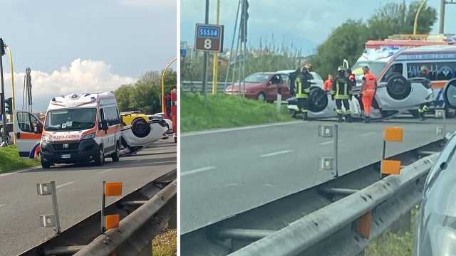 Una coupé sportiva ribaltata, altri due mezzi coinvolti: l'incidente sulla 554 a Selargius