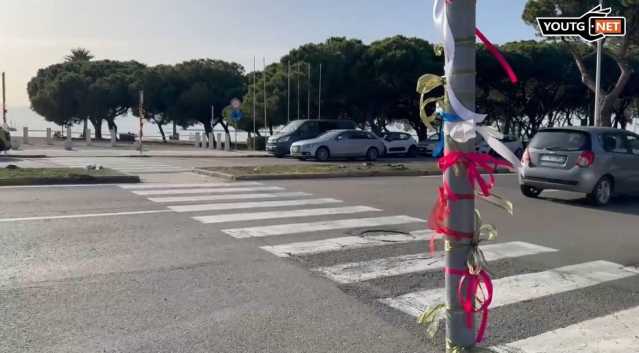 Cagliari, nastri colorati sui pali di viale Colombo davanti alle strisce dove è morta Beatrice Loi (Video)