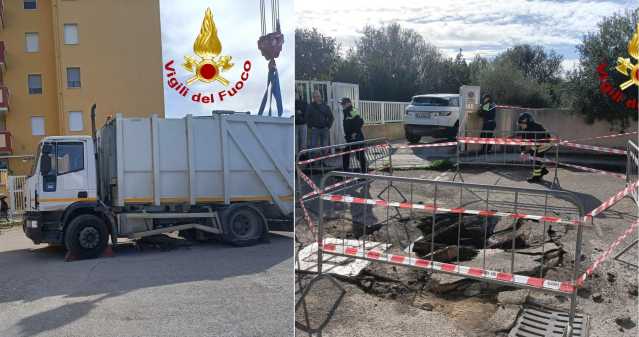 Alghero, l'asfalto sprofonda e un camion dei rifiuti rimane incastrato