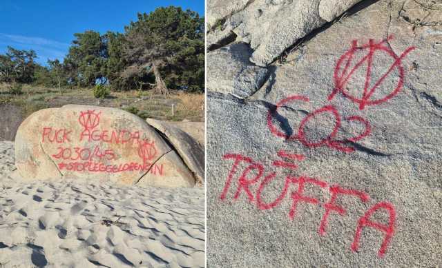 Scogli vandalizzati a Foxi Lioni, la firma del gruppo di attivismo V_V: 