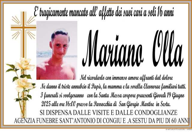 Morte di Mariano Olla, giovedì a Sestu l'ultimo saluto al 16enne morto a Su Siccu