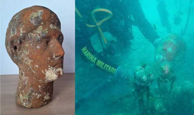 Una testa dell'epoca romana scoperta nei fondali di Pula: era avvolta in una rete da pesca