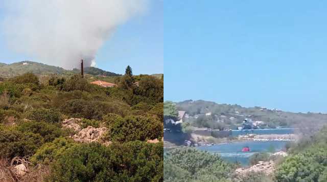 Incendio vicino alle case a Carloforte: elicottero Super Puma in volo