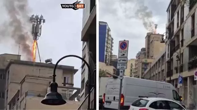 Cagliari, incendio sul tetto di un palazzo in centro: in fiamme un ripetitore (Video)