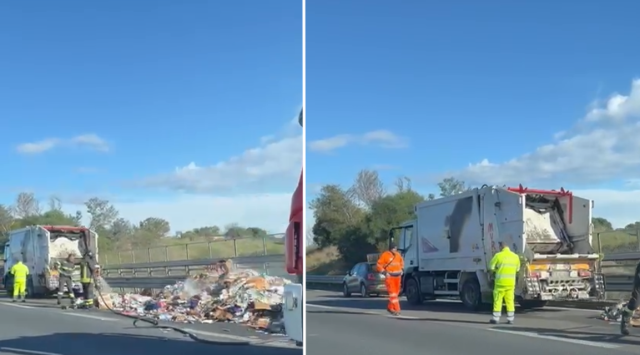 In fiamme i rifiuti dentro il camion in marcia: sulla 131 a Sestu arrivano i vigili del fuoco (Video)